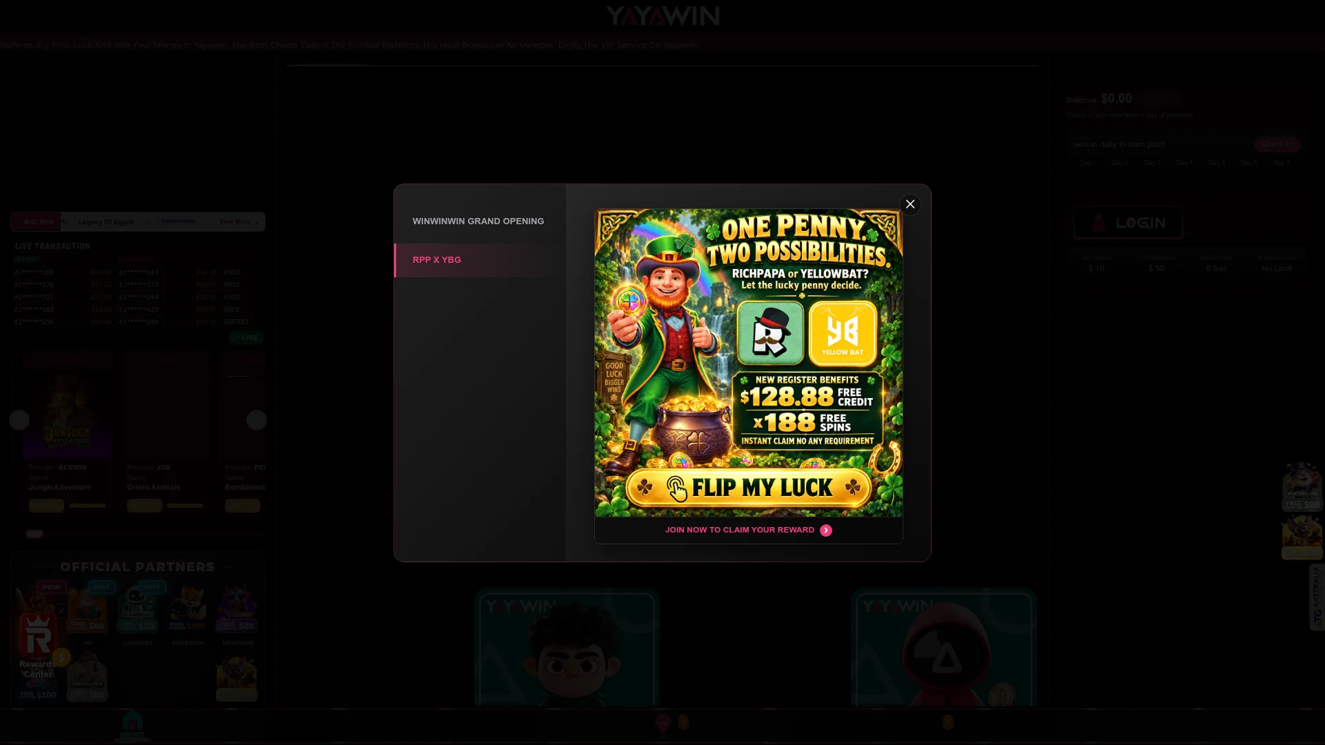 Yayawin Casino desktop platform with AUD casino and betting features