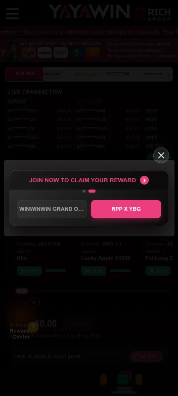 Yayawin Casino mobile experience with games, promotions and account features